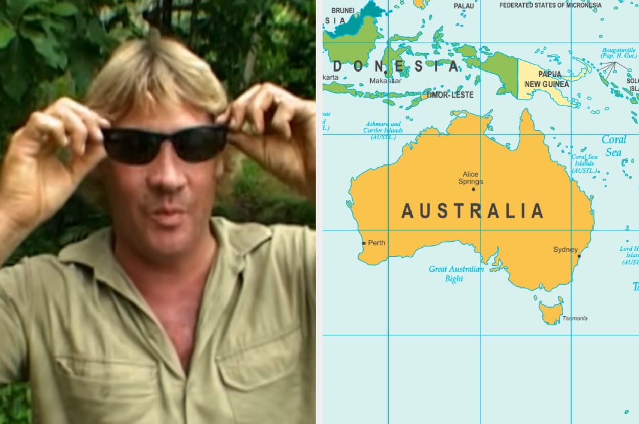 Steve Irwin wearing sunglasses adjusts them; map of Australia on the right highlights its location relative to surrounding regions
