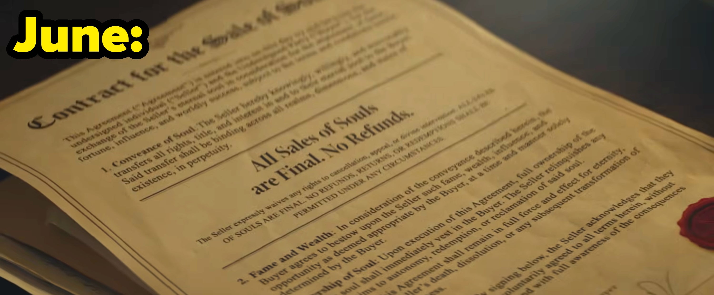 June's video, with a contract document saying "All Sales of Souls are Final. No Refunds"