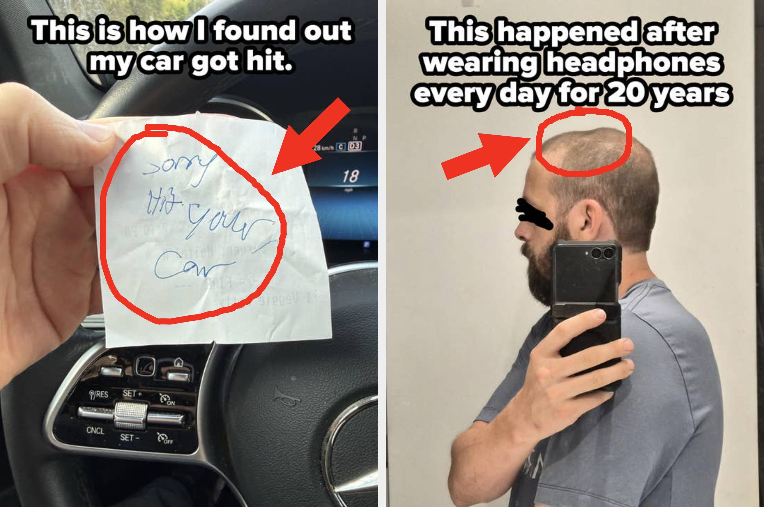 Note on car saying "Sorry, hit your car." Man's head indented by headphones after 20 years. Red circles highlight points of interest
