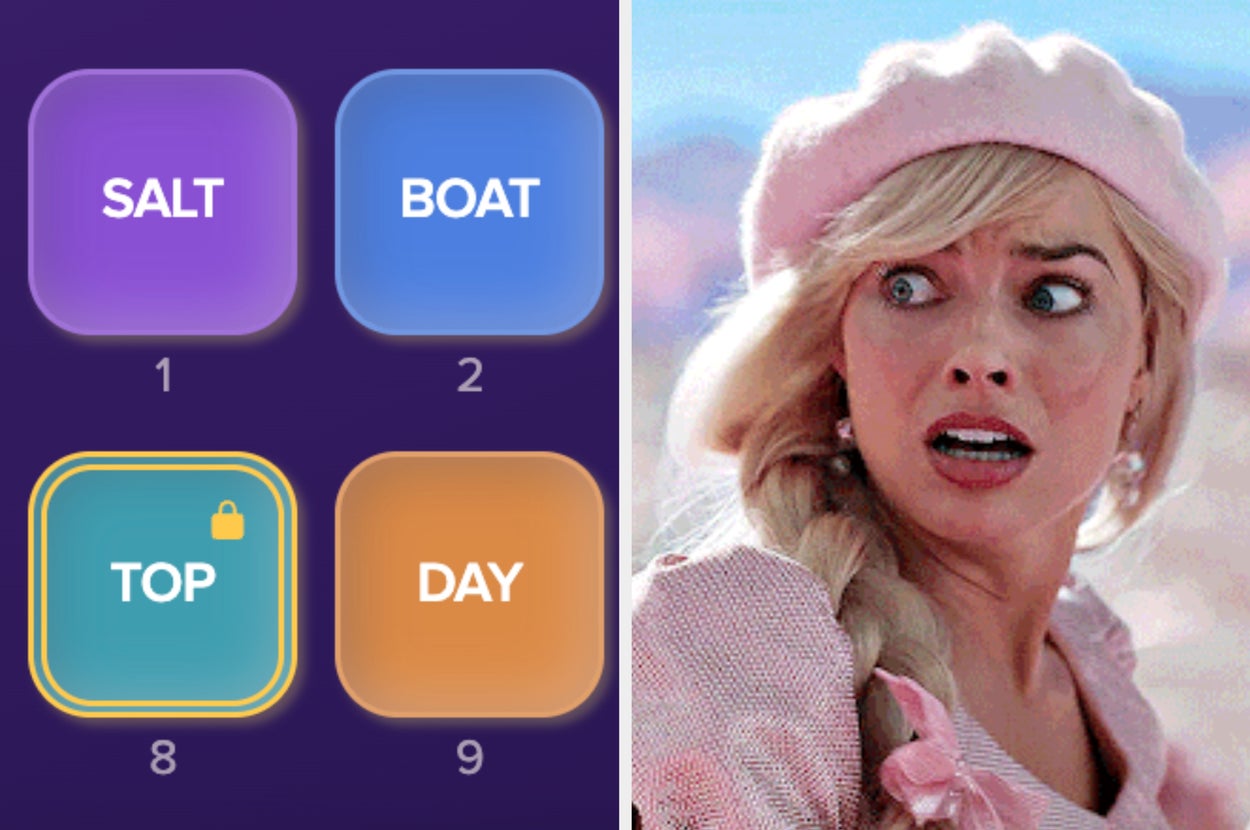 A person looks surprised next to a game screen showing colorful tiles with words: Birth, School, Stone, Child, each with numbers