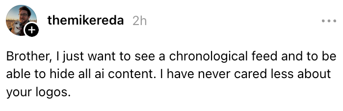 Innlegg på sosiale medier som uttrykker et ønske om en kronologisk feed og muligheten til å skjule AI-innhold