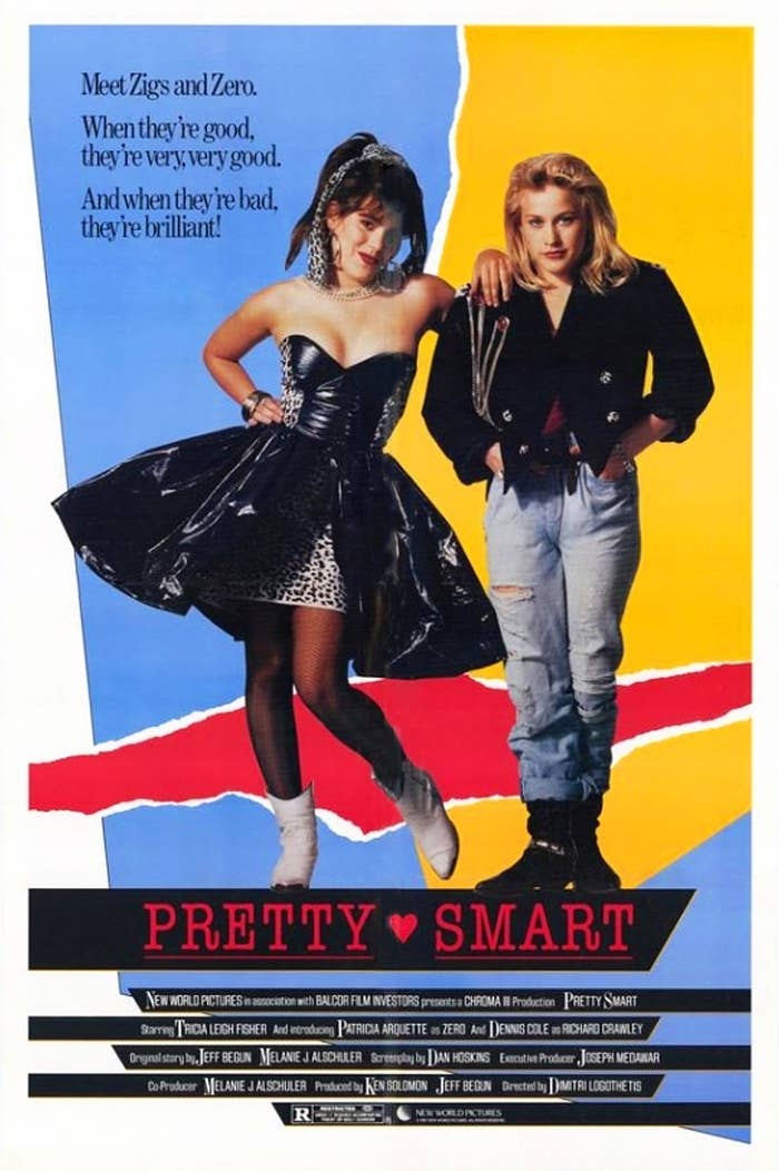 Movie poster for "Pretty Smart" featuring two women, one in a glam dress and the other in casual wear, with the tagline about their personalities