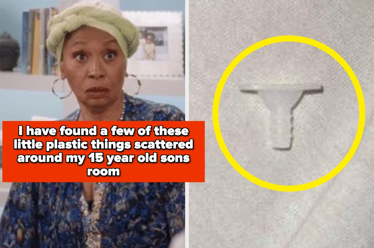 A surprised person next to a plastic item circled. Text discusses finding plastic items in a 15-year-old's room