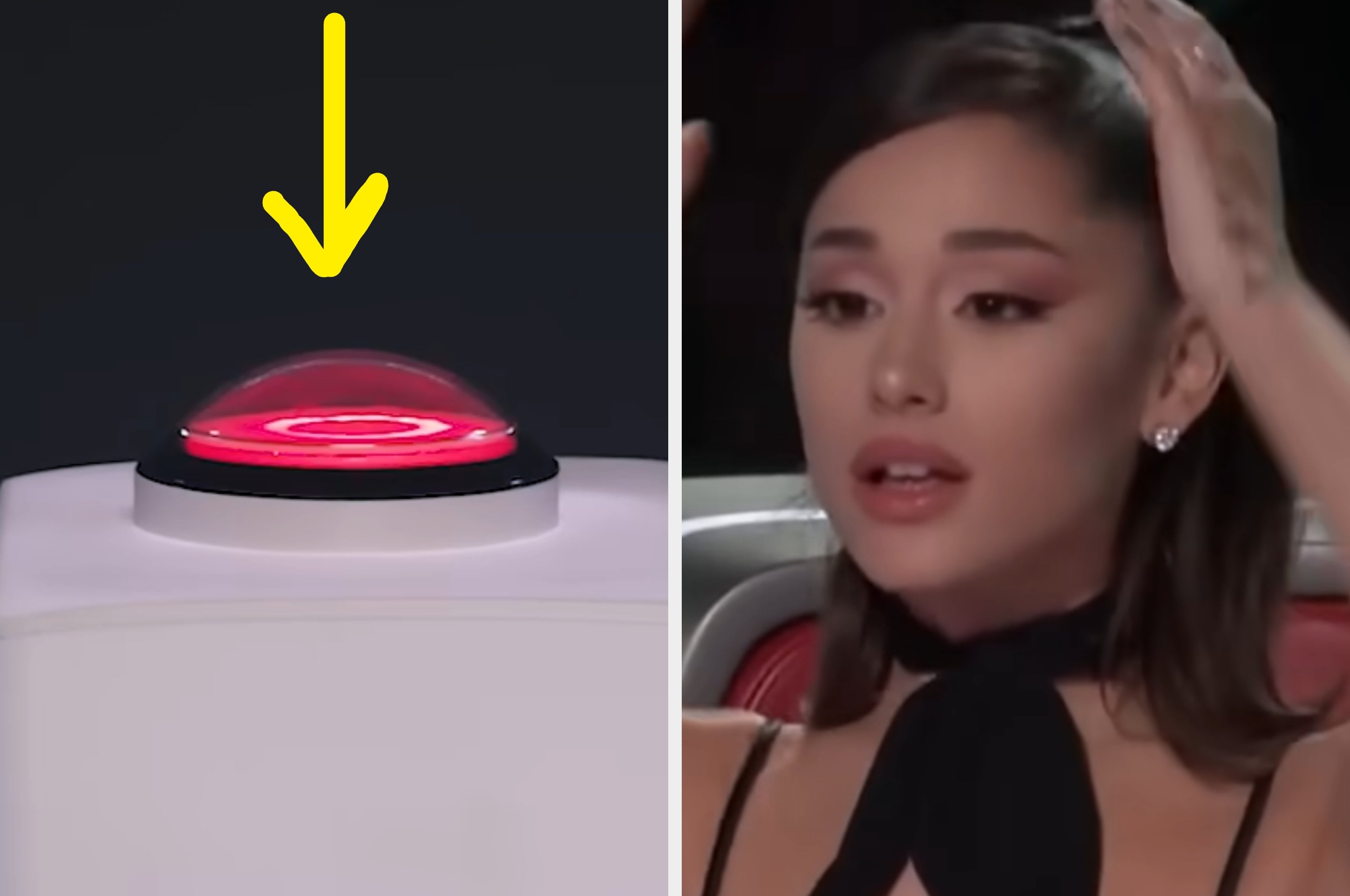 Split image: Left shows a game show buzzer with an arrow pointing at it; right shows a woman reacting with raised hands