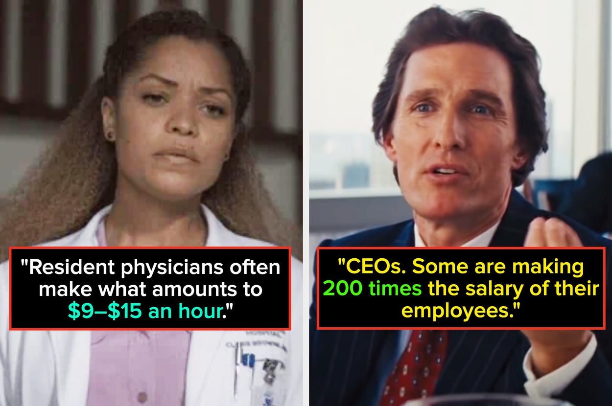 Split image: Left, resident physician with text about low wages; Right, man in suit and tie with text about CEOs earning 200 times employees