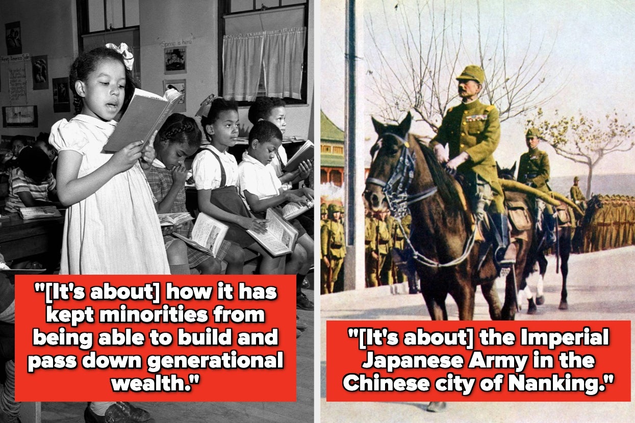 Left: Young children reading in a classroom. Right: Japanese Army on horseback in Nanking. Quotes discuss generational wealth and historical events