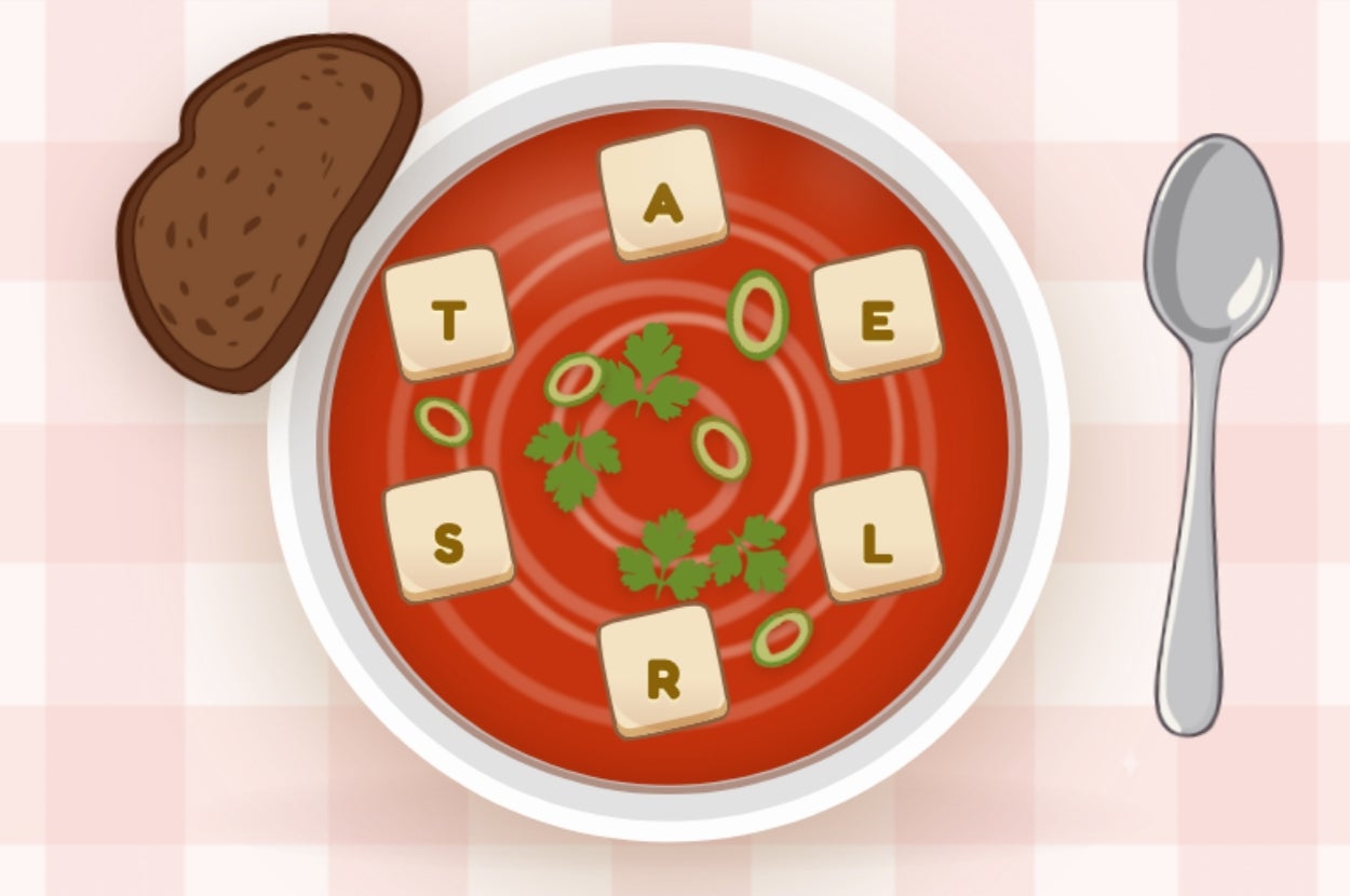 A bowl of soup with letter tiles forming the word "STEAL," alongside a slice of bread and a spoon on a checkered tablecloth