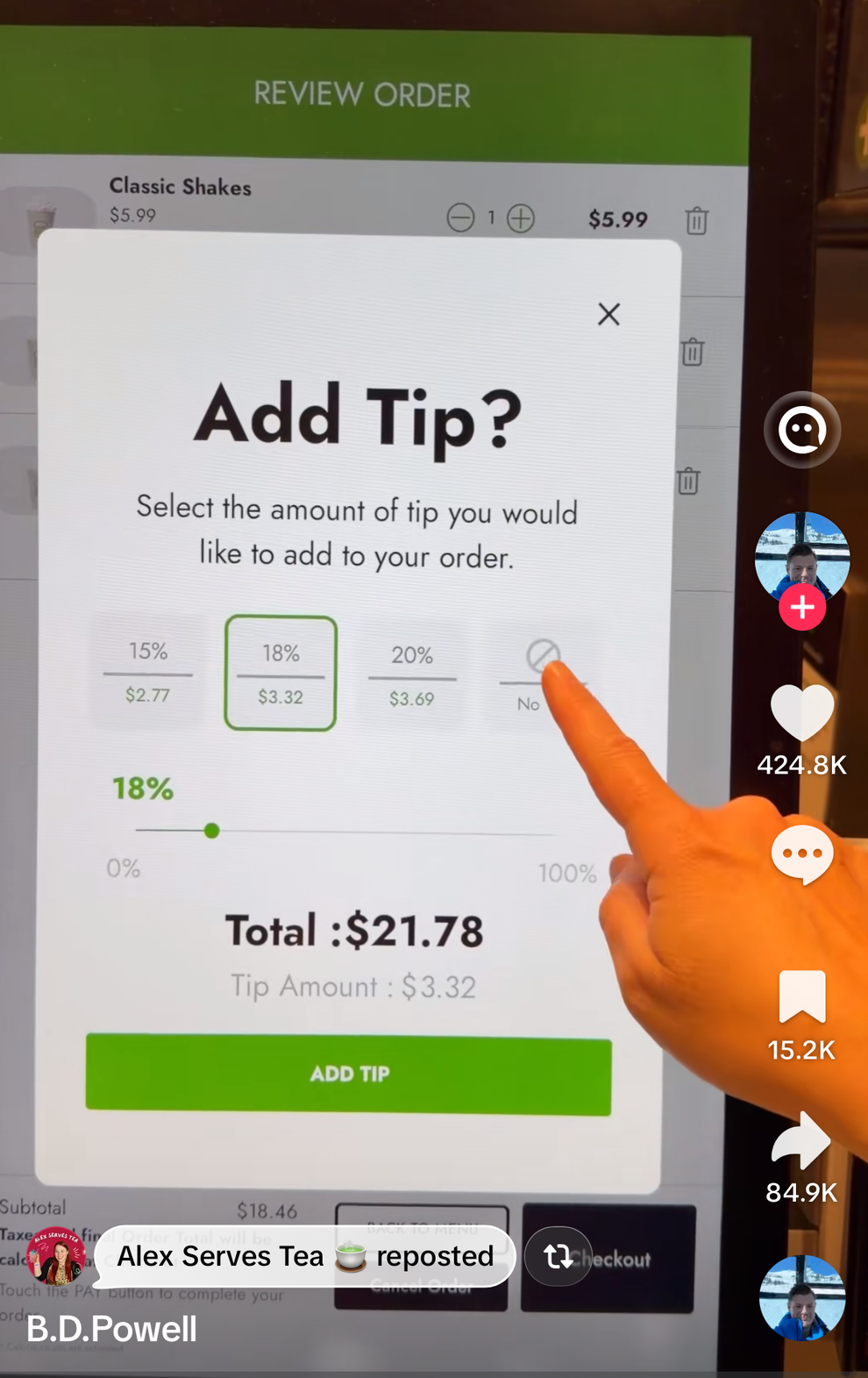 A finger points to a screen showing a checkout with a prompt to add a tip for an order at a restaurant, highlighting tip options