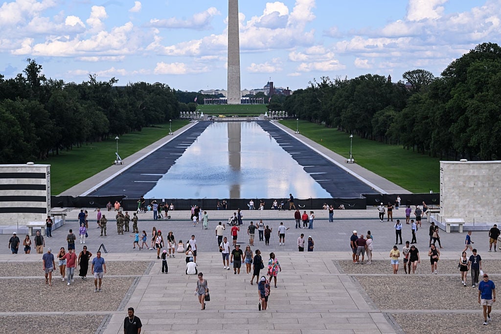 Folk som går langs National Mall med Washington-monumentet som speiler seg i bassenget i bakgrunnen