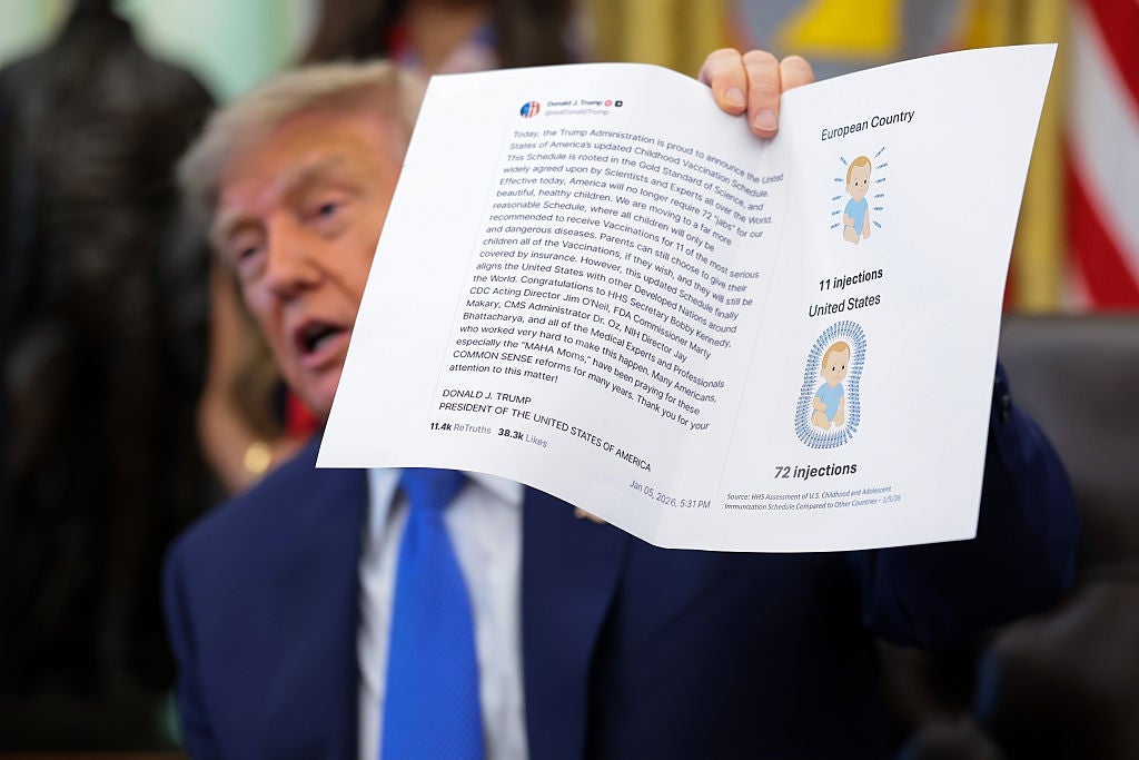 Donald Trump holder et papir med tekst og bilder av to babyillustrasjoner. Oppgaven inneholder en sammenligning mellom injeksjonstall i forskjellige land