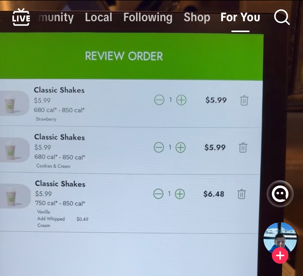 A tablet displaying a Shake Shack order with three classic shakes and one waiver for utensils. Social media interface and engagement metrics are visible