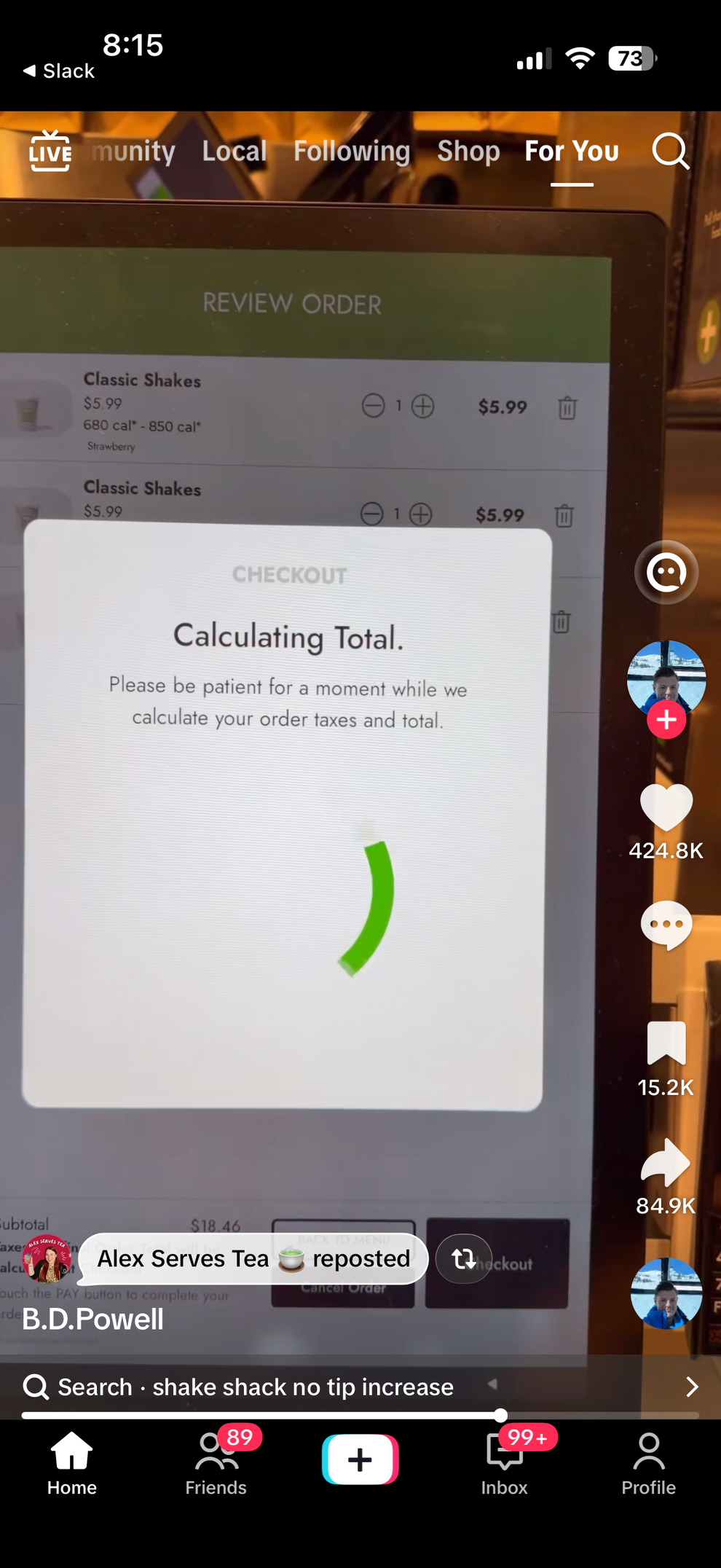 A checkout screen shows a calculating total message for a Shake Shack order. TikTok interface visible around the screen