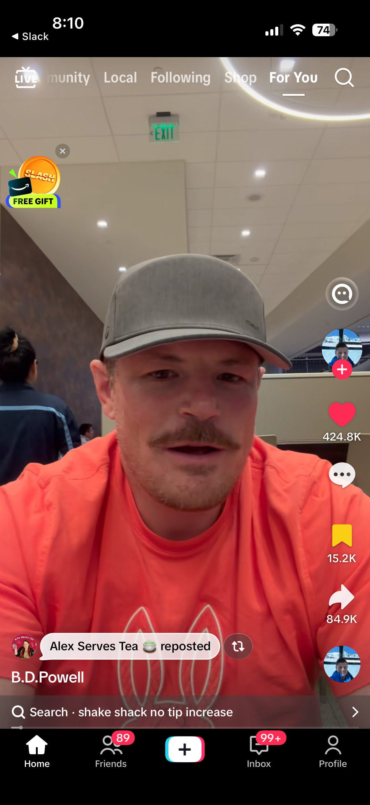 A person wearing a cap and a bright shirt is speaking in a social media video. The screen displays engagement metrics and app interface elements
