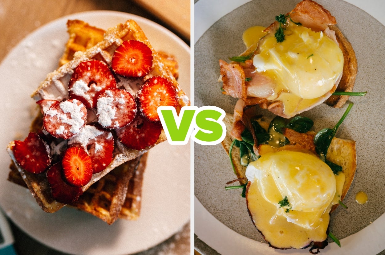 Plate of waffles with strawberries and powdered sugar vs plate of eggs Benedict with hollandaise sauce and greens