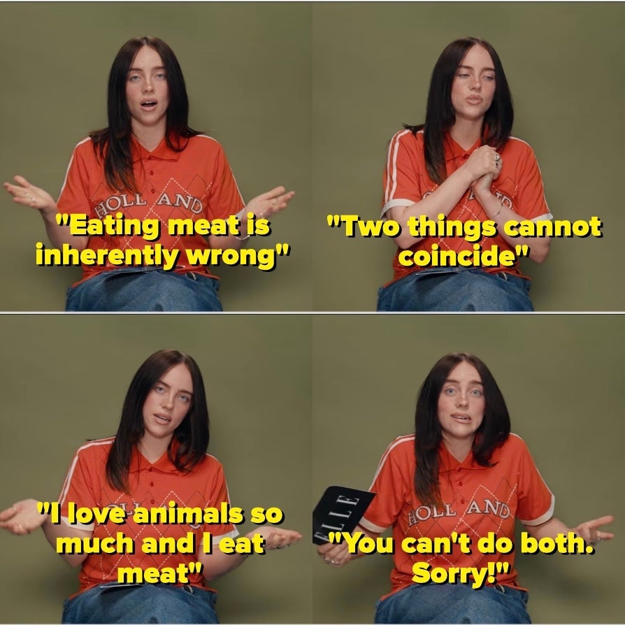 Four-panel image of a Billie Eilish performing a seated Elle Magazine interview, expressing her thoughts on eating meat.