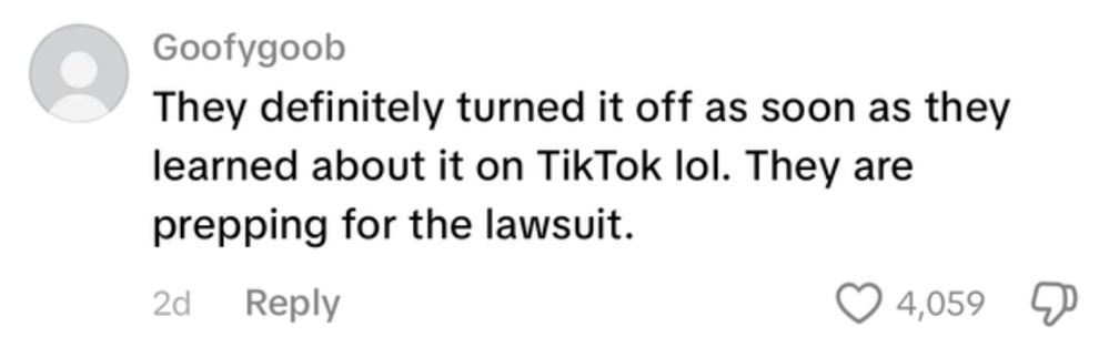Comment joking about learning something on TikTok and preparing for a lawsuit; received over 4,000 likes