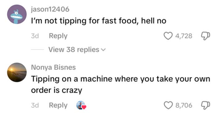Comments discussing disbelief about tipping for fast food, especially when using a self-order machine