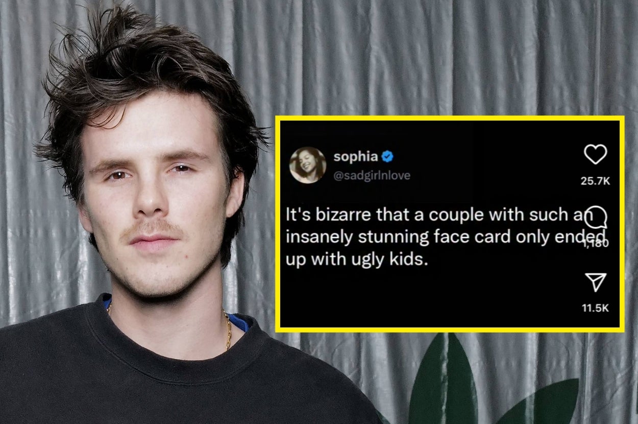 A person stands beside a tweet from Sophia, which reads, "It's bizarre that a couple with such an insanely stunning face card only ended up with ugly kids."