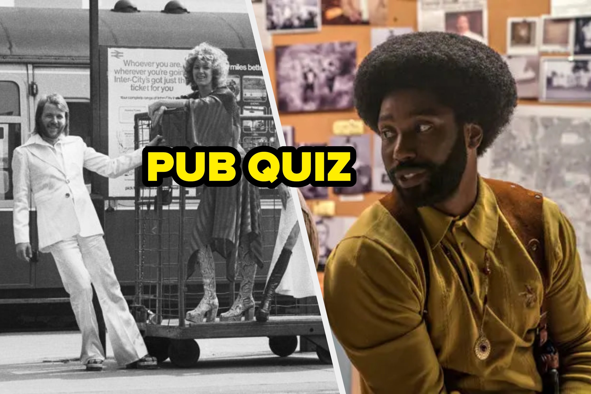 Left: Two people pose with luggage at a train station. Right: Man with an afro in vintage attire stands indoors, looking thoughtful. Text: "Pub Quiz"