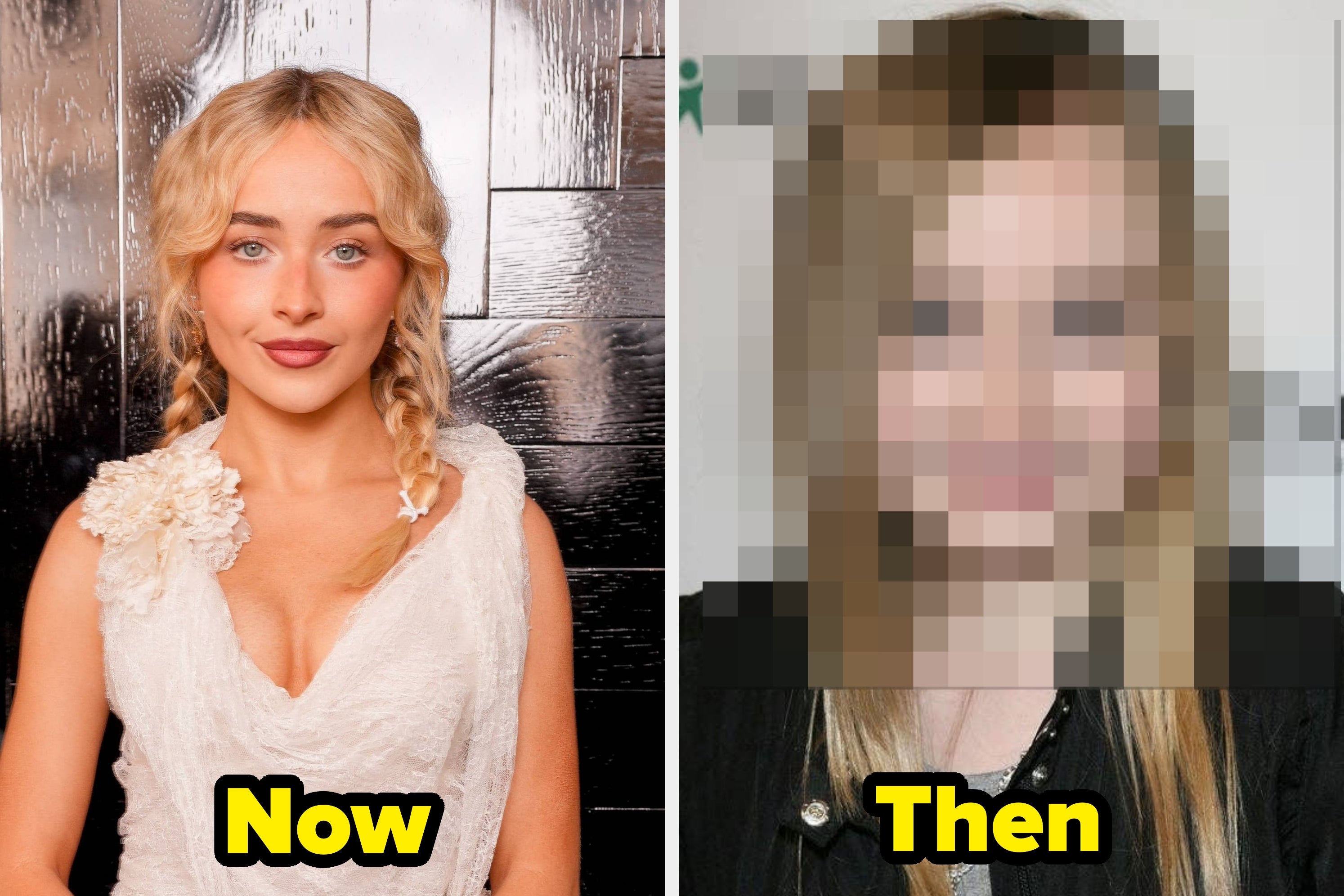 Woman with braided hair in classic dress in "Then" photo; "Now" photo pixelated