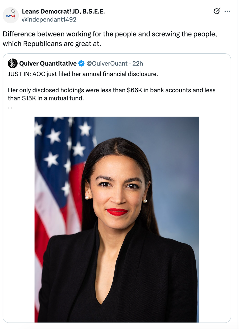 Social media post featuring a tweet about financial disclosure, mentioning AOC's bank accounts and mutual fund holdings