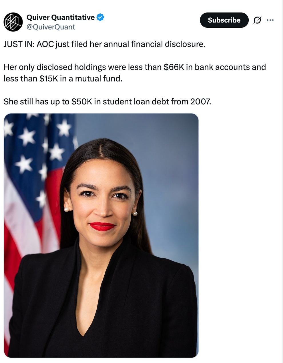 A tweet discusses a public figure's financial disclosure showing assets under $66K in bank accounts, under $15K in a mutual fund, and $50K in student loan debt