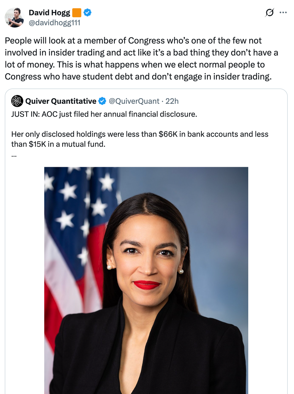 Tweet about a Congress member's finances, highlighting lack of insider trading and modest assets. Includes a professional photo of the member