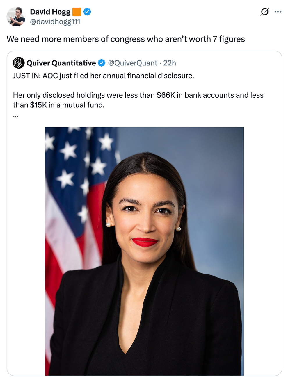 Tweet by David Hogg advocating for less wealthy Congress members, mentioning AOC's financial disclosure showing modest assets