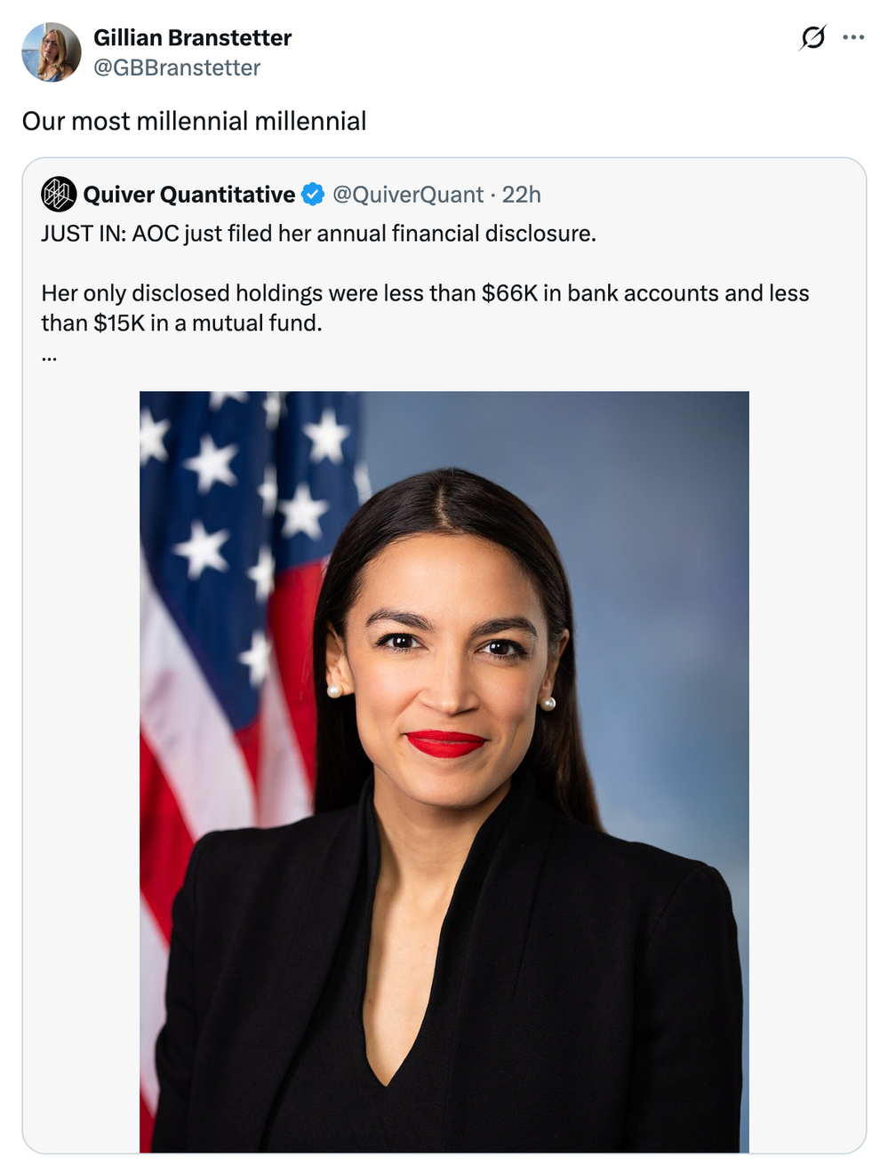 Social media post highlights a tweet noting financial disclosures of a public figure, emphasizing modest bank holdings and mutual fund investments