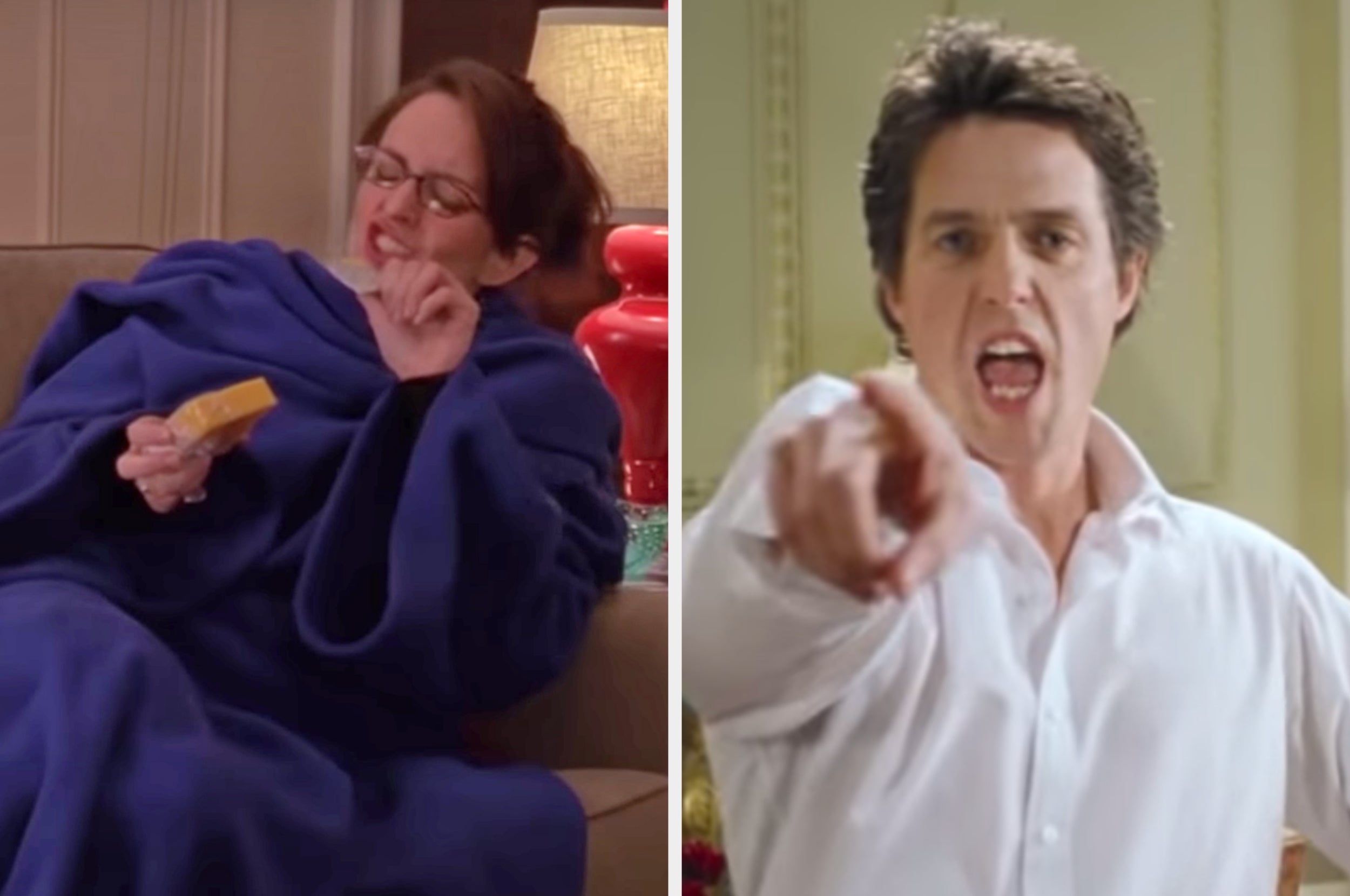 On the left, Liz Lemon working on her night cheese, and on the right, and on the right, Hugh Grant dancing to Jump for My Love as the Prime Minister in Love Actually