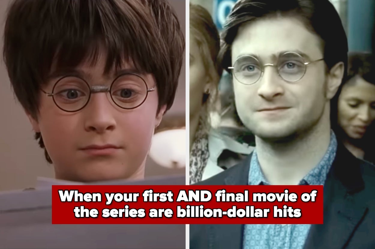 Split image of a young and older character with glasses. Text reads: "When your first AND final movie of the series are billion-dollar hits."