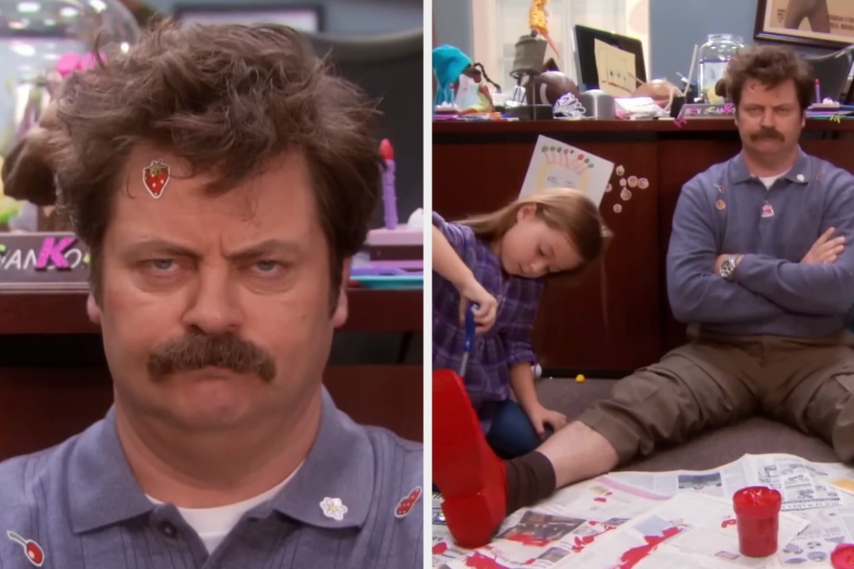 Left: Person with a serious expression and a sticker on forehead. Right: Same person sitting as a child paints their leg, surrounded by craft supplies