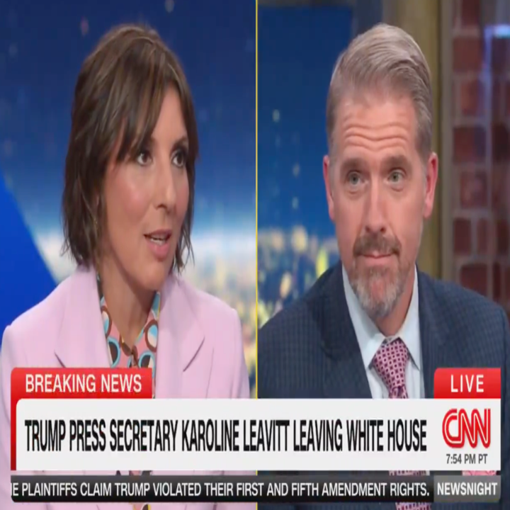 Screenshot of a CNN news segment discussing Trump's press secretary Karoline Leavitt leaving the White House, featuring two commentators