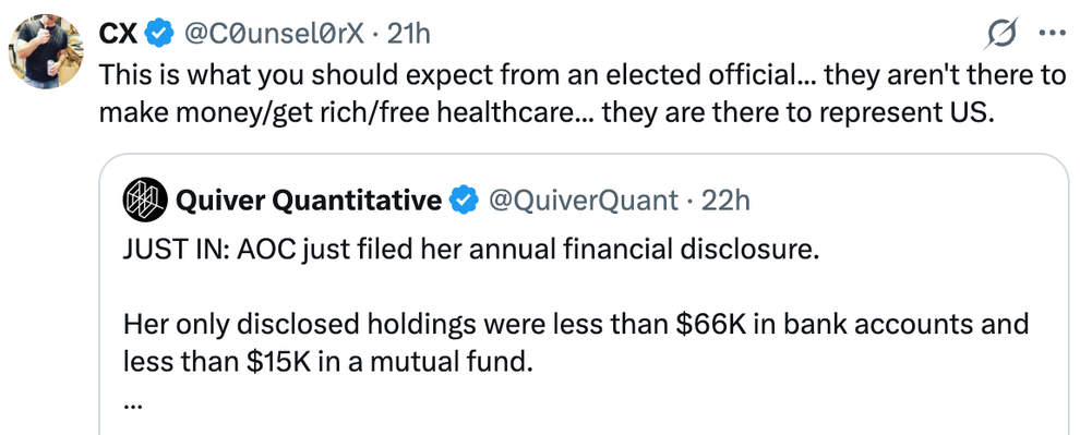 A tweet discusses the role of elected officials, referencing AOC's financial disclosure showing modest bank and mutual fund holdings