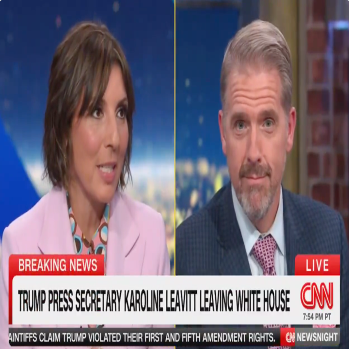 Two news anchors discussing "Trump Press Secretary Karoline Leavitt Leaving White House" on CNN, with breaking news banner
