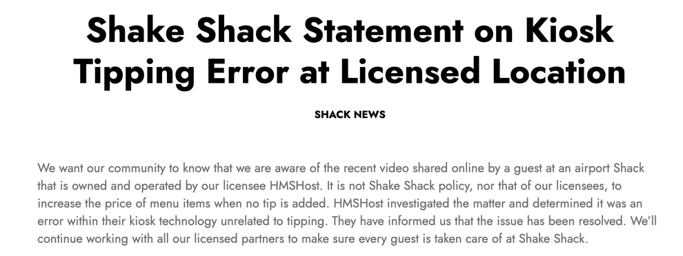 Shake Shack addresses a kiosk tipping error at a licensed location, ensuring customers it was an isolated incident and has been resolved