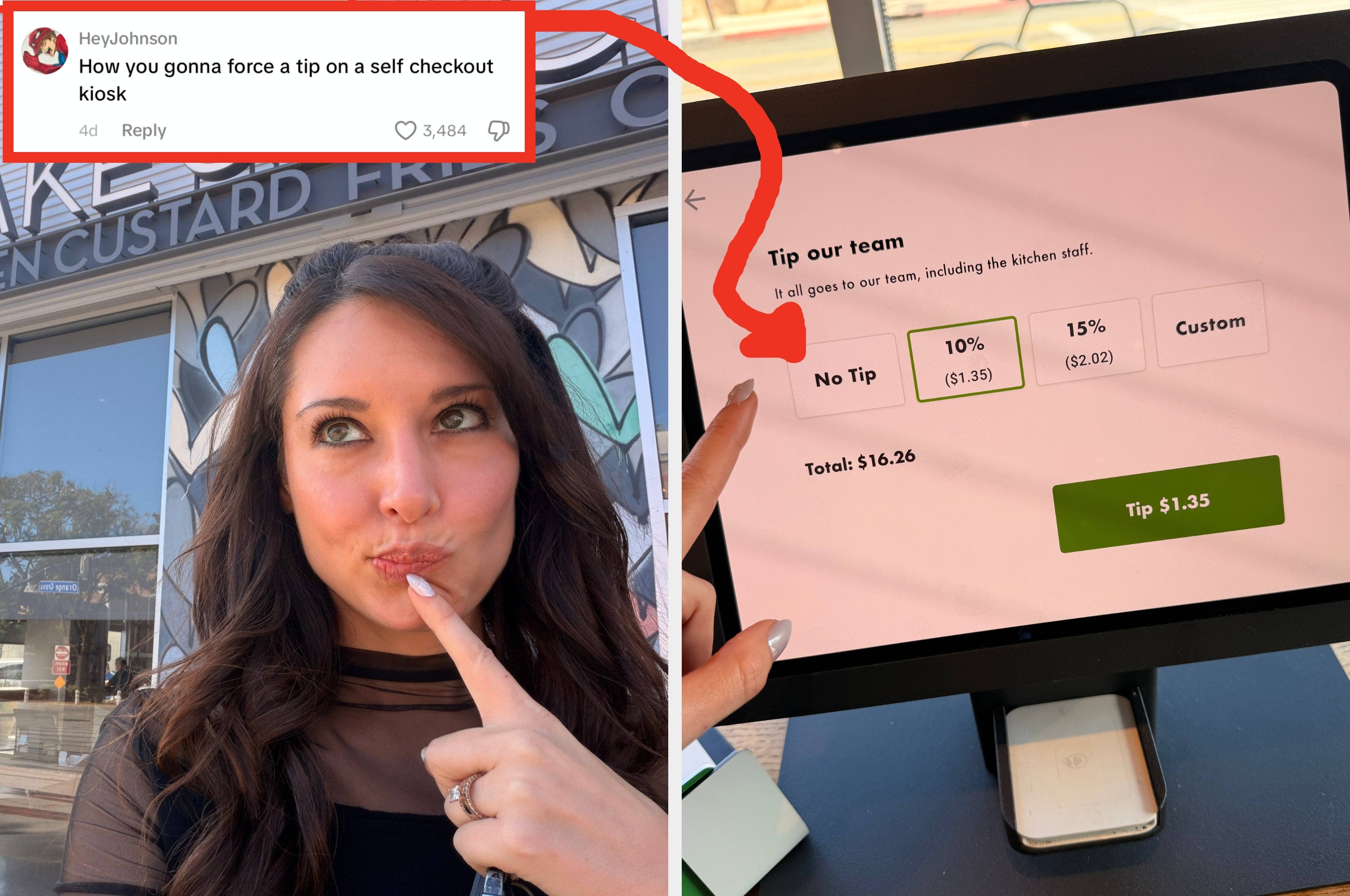 A person poses thoughtfully outside Shake Shack. A self-checkout screen shows tip options for a $16.26 order