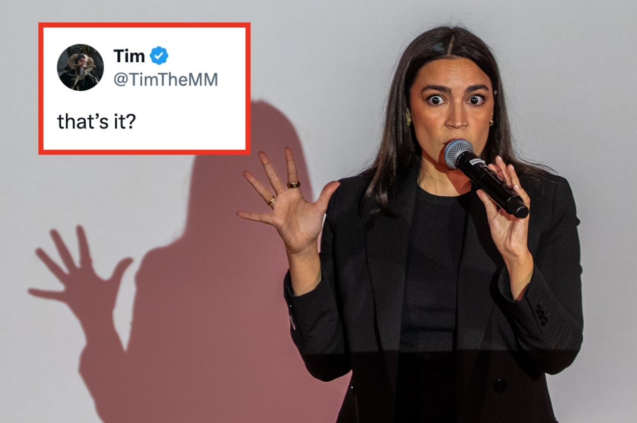A person on stage making an expressive gesture with a microphone, next to a tweet that reads "that's it?" from TimTheMM