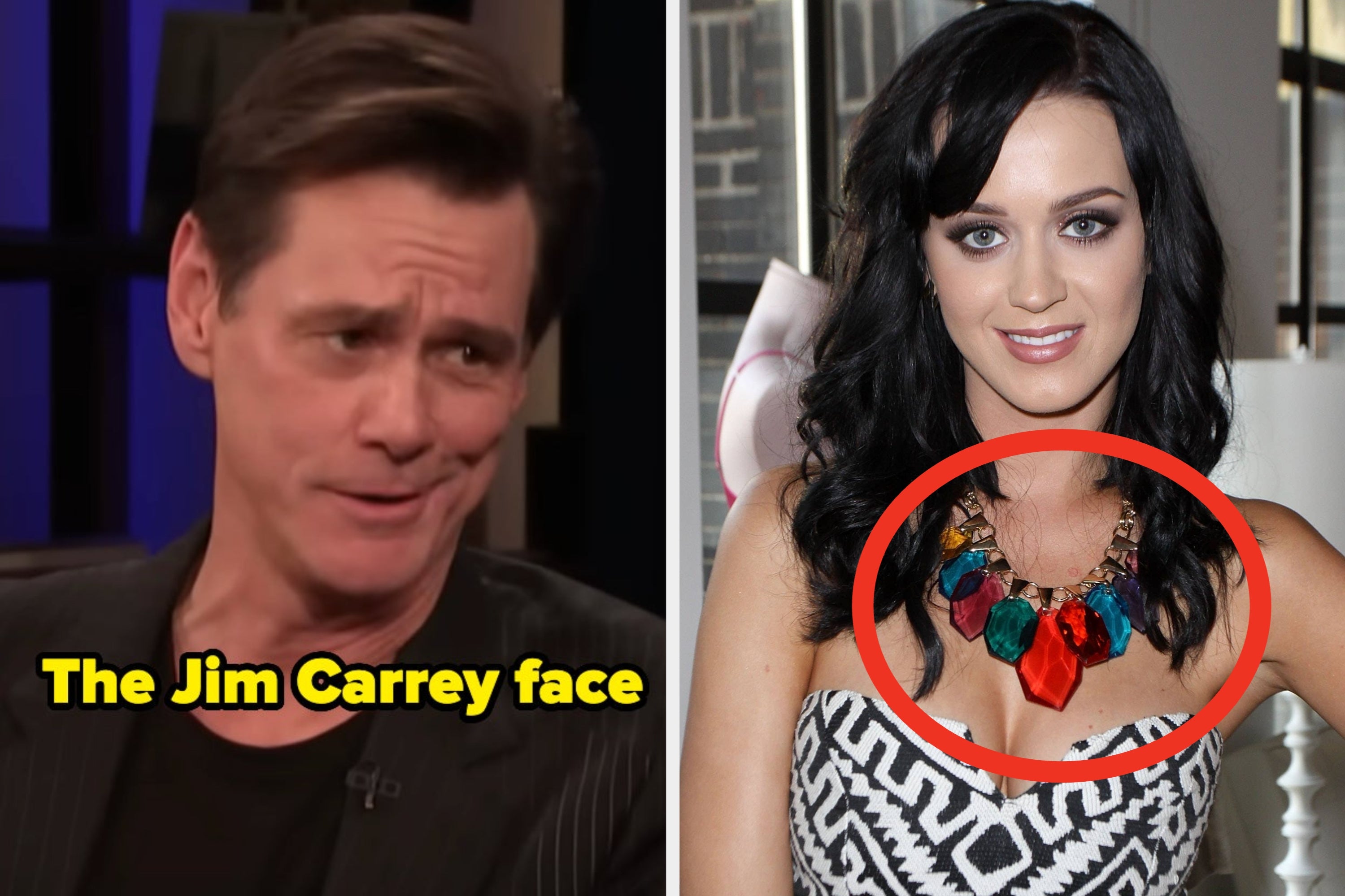 Jim Carrey making a funny expression on the left with the quote "The Jim Carrey face"; Katy Perry on the right smiling, wearing a chunky multicolored statement necklace that is circled