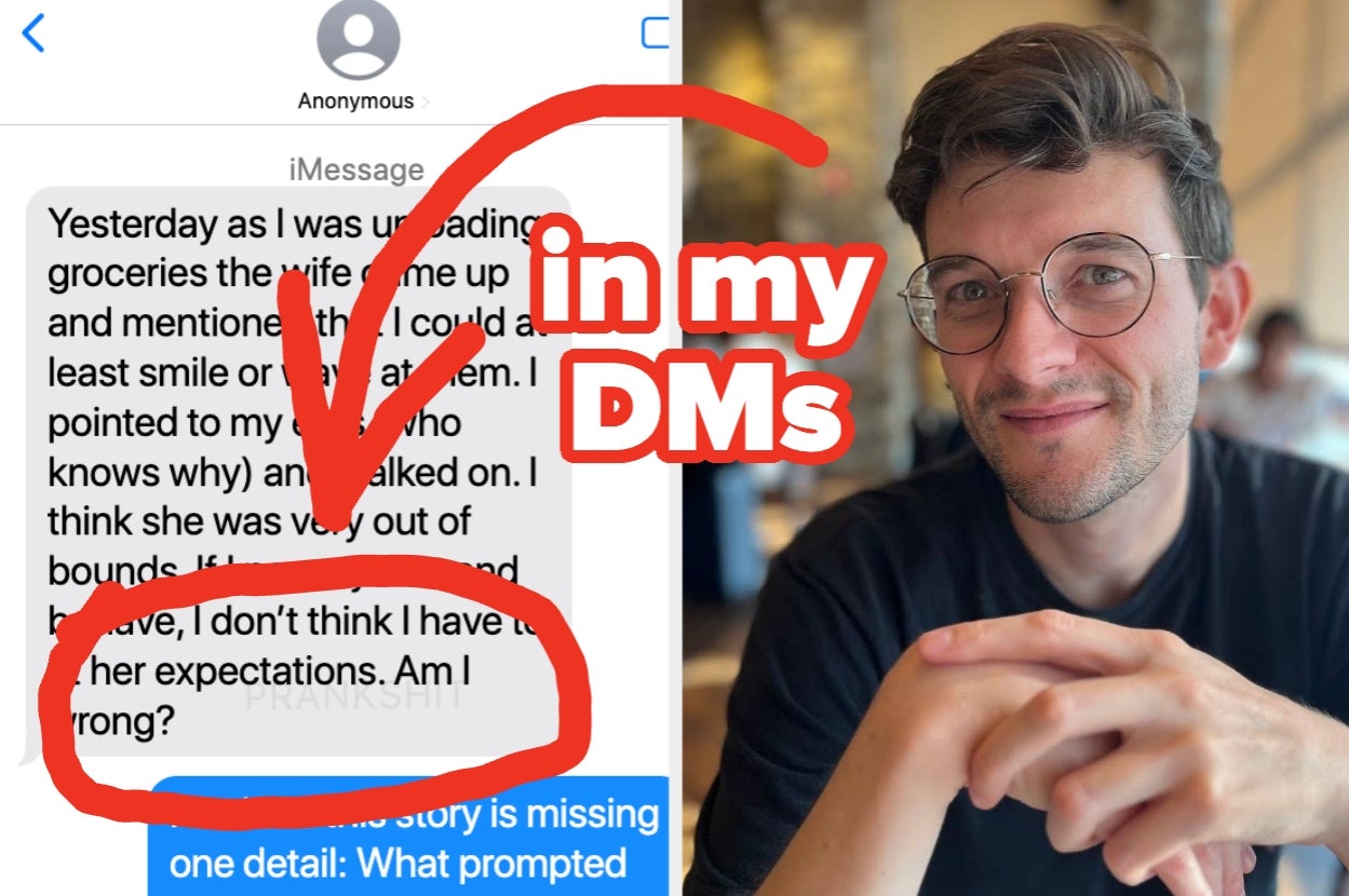 Text conversation with a person questioning their expectations, circled in red. Young person with glasses sitting at a table, smiling