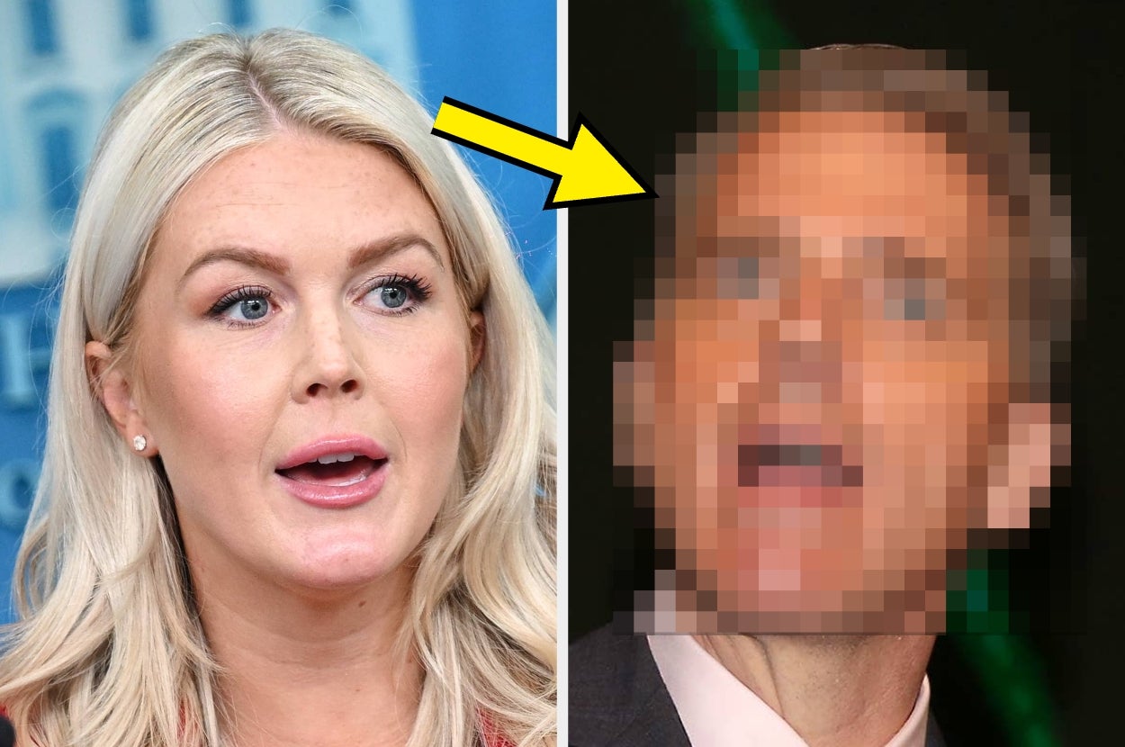 Person on the left speaking at an event; right side shows a pixelated image of another person with an arrow pointing from the speaker's face