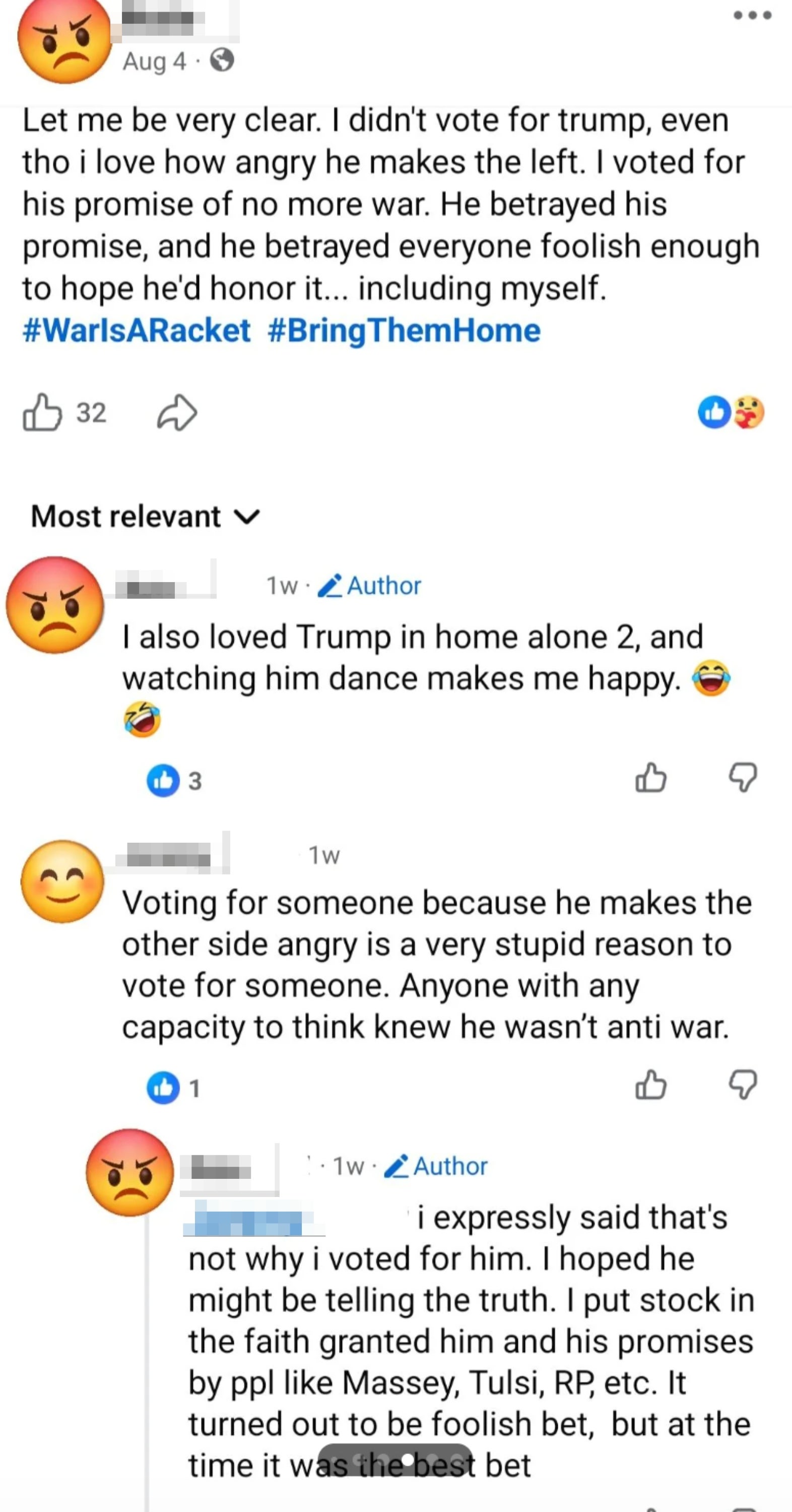 Facebook-kommentarer som diskuterer årsaker til stemmevalg, nevner en misliker for Trump og en tidligere liking av ham i "Alene hjemme 2."