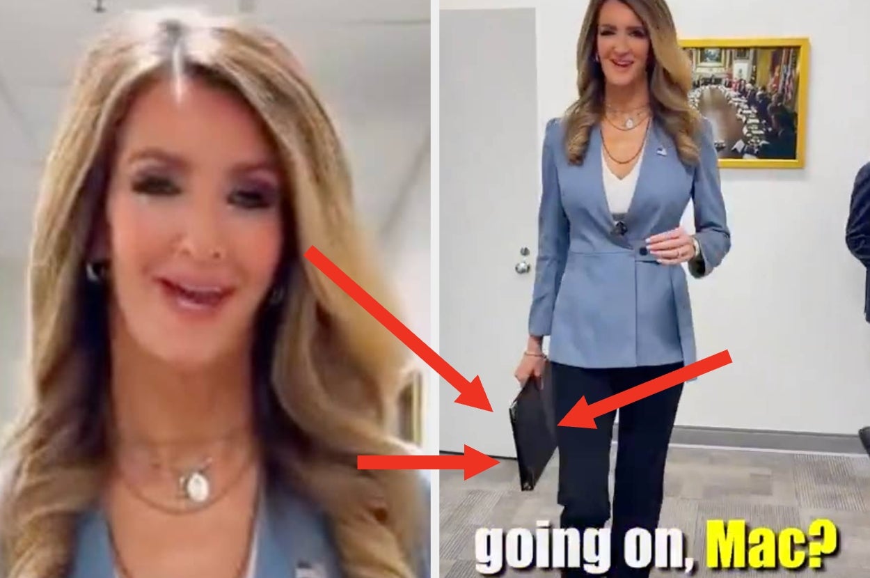 Person in a blazer and black pants holding a folder, with text overlay asking, "What's going on, Mac?" Arrows point to the person's folder and gestures