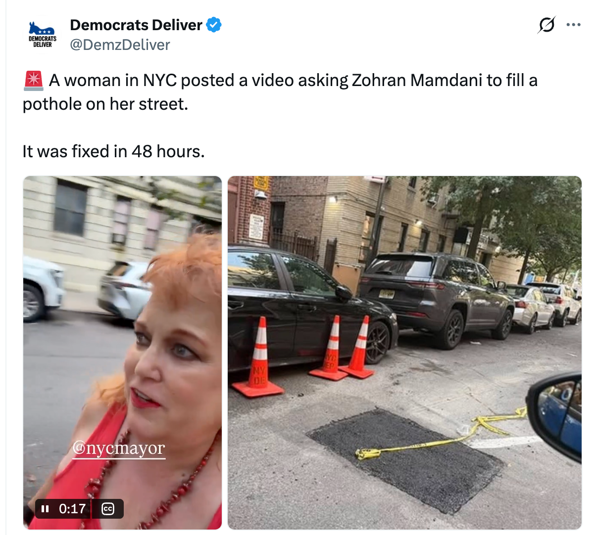 Skjermbilde av en tweet om en kvinne i NYC som la ut en video som ba Zohra Mamdani om å fylle et hull, som ble fikset på 48 timer