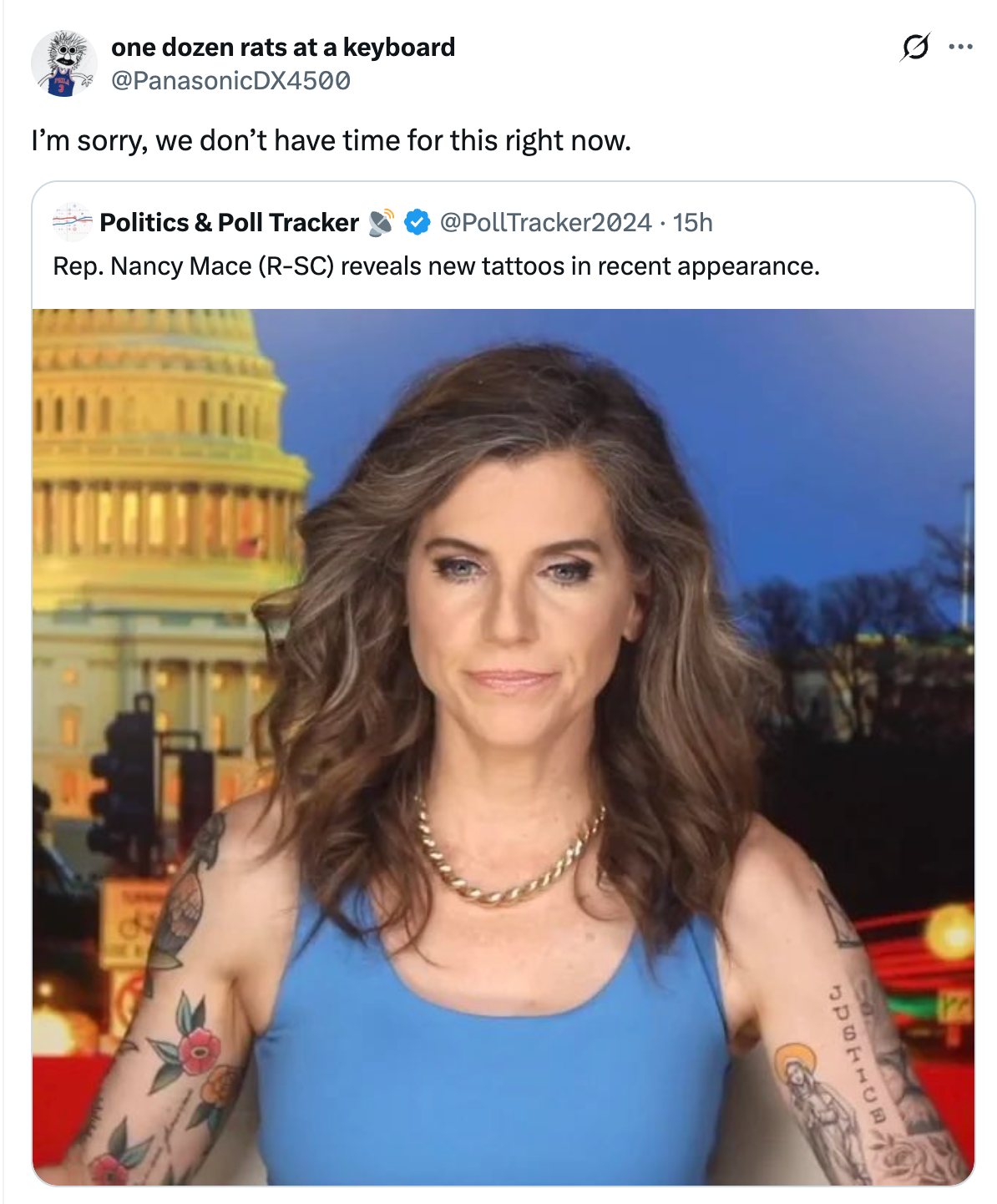 En tweet som viser et photoshoppet bilde av rep. Nancy Mace med mange tatoveringer, ment som et humoristisk internettfunn