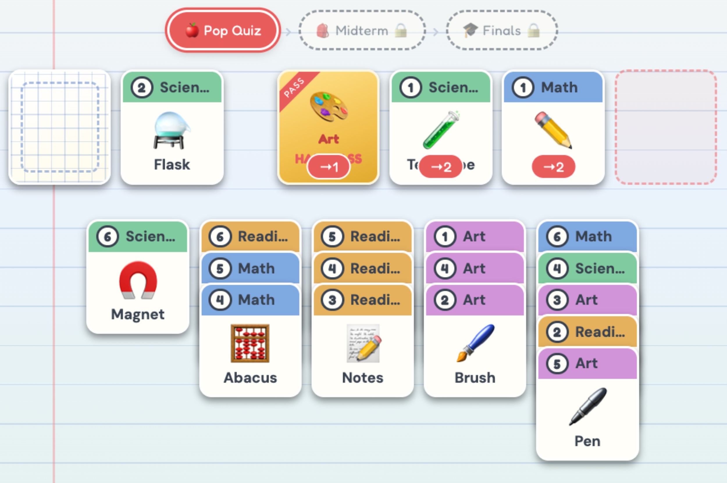 A digital game board with tiles showing school subjects and points; includes "Pop Quiz" section with art pass