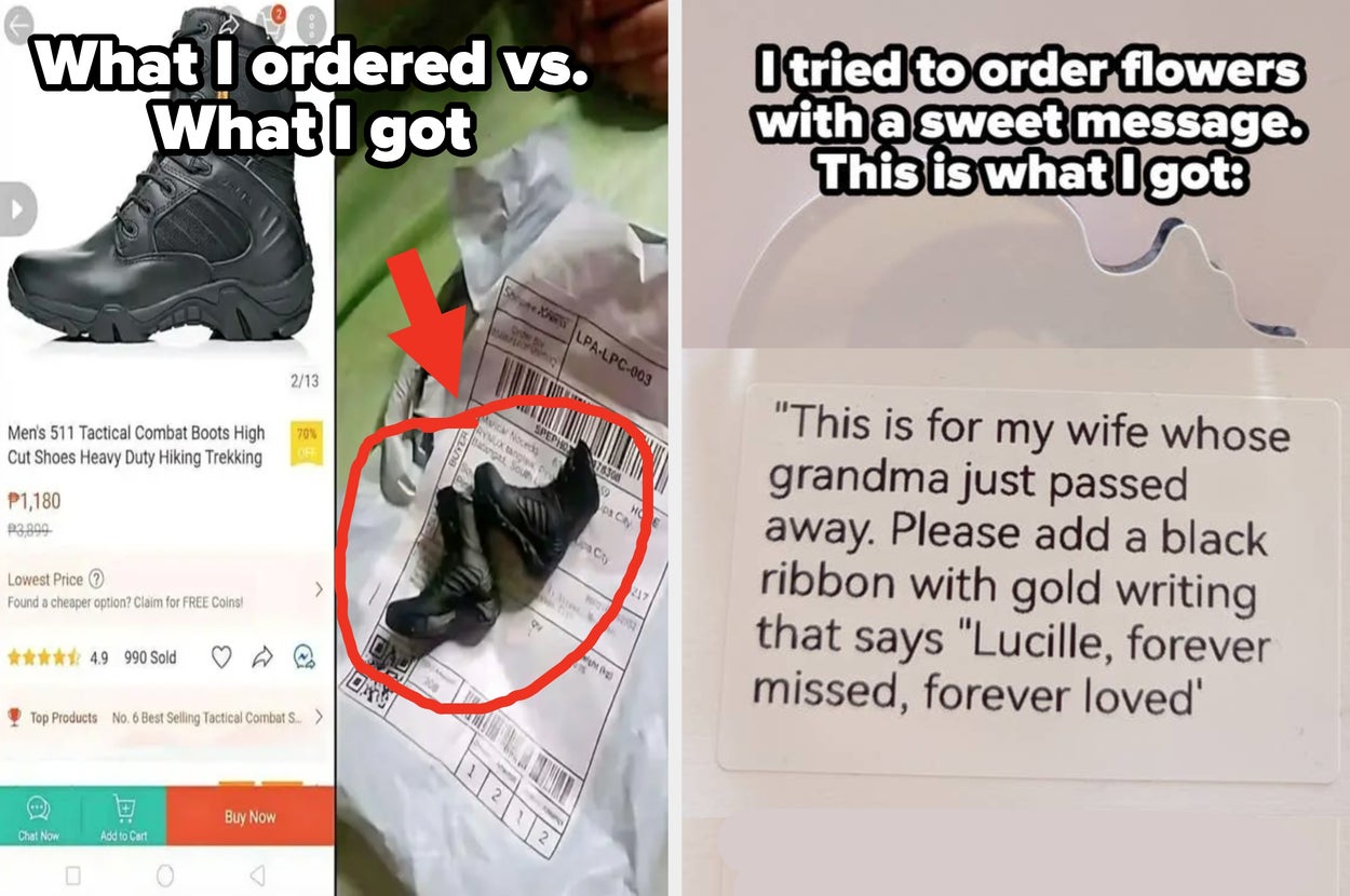 Online purchase gone wrong: boots ordered were replaced with a miniature version. Flower delivery message mix-up includes a personal note request