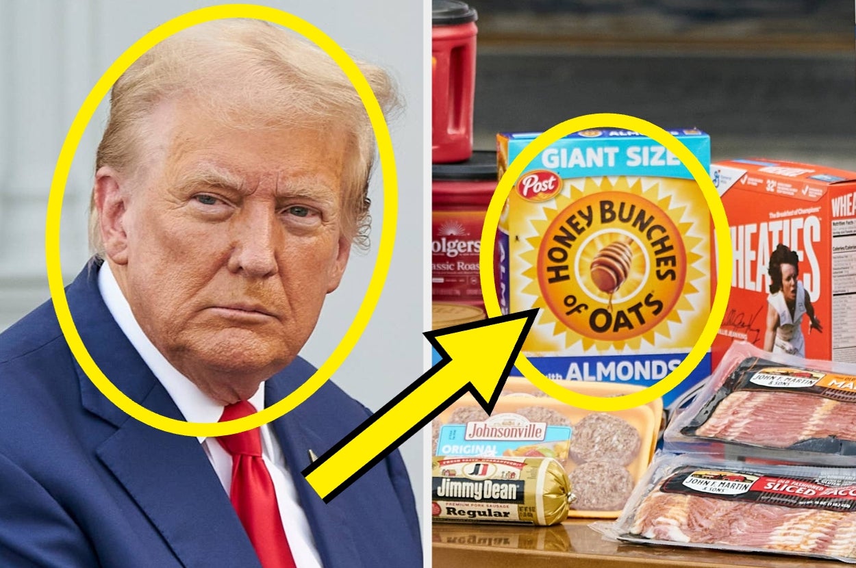 Split image: Left, unidentified person; right, breakfast items including cereal and bacon. Arrow connects images