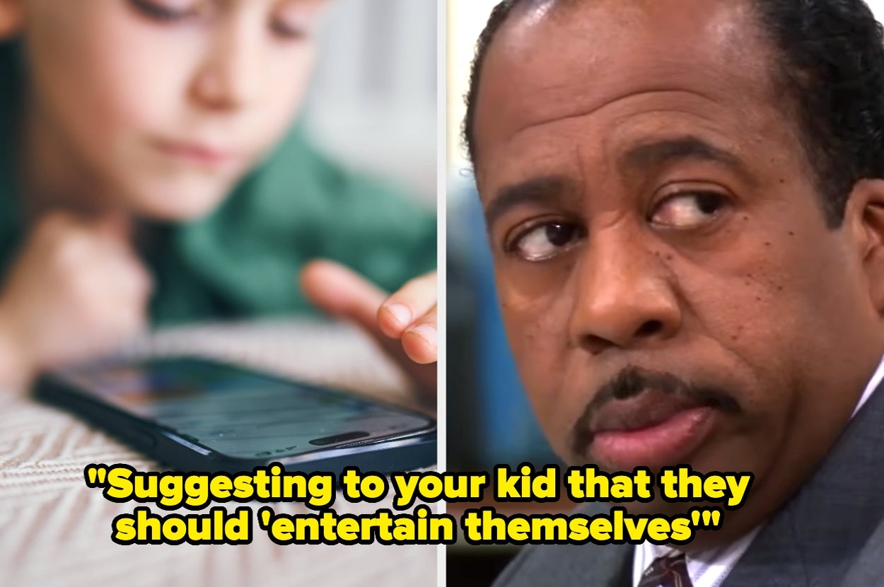Split image: Left shows a child looking at a phone. Right shows an office worker giving a skeptical look. Caption: "Suggesting kids 'entertain themselves.'"
