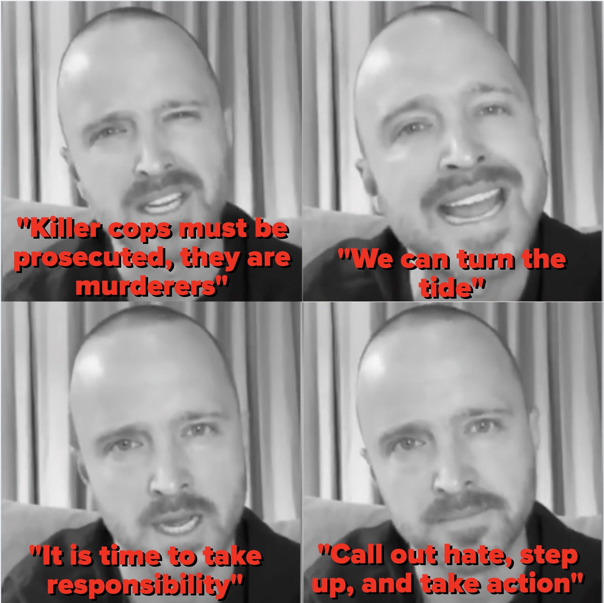 Aaron Paul speaking with strong emotions as he calls out systemic injustice.